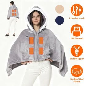 Wearable Heated Throw Blanket Double-Sided Flannel Portable Electric Heating Hoodie For Women Men Machine Washable 3 Heating Levels Battery Operated (Option: Grey)