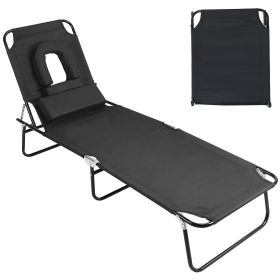 1Pc Folding Beach Lounge Chair Face Down Tanning Chaise Sunbathing Recliner 265LBS Max Load With 5-Angle Backrest 3 Removable Pillows For Beach Pool L (Option: Black)