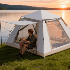Family Quick-opening Tent 84.6L X 84.6W X 55.9H Tent Instant Camping Rainproof Tent 2-4 Person Tent Outdoor Tent Camping Tent  Hiking Tent Camping Set (Option: Off white-215x215x142cm)