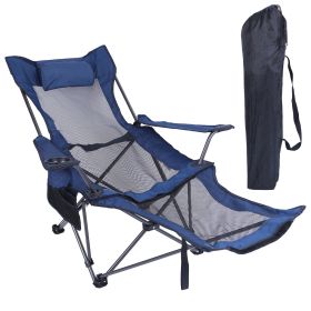1Pc Foldable Camping Chair 330LBS Load Heavy Duty Steel Lawn Chair Collapsible Chair With Reclining Backrest Angle Cup Holder Pillow Side Pocket Carry (Option: Blue)