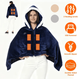 Wearable Heated Throw Blanket Double-Sided Flannel Portable Electric Heating Hoodie For Women Men Machine Washable 3 Heating Levels Battery Operated (Option: Dark Blue)