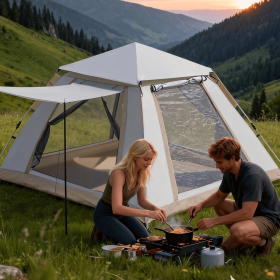 Family Quick-opening Tent 84.6L X 84.6W X 55.9H Tent Instant Camping Rainproof Tent 2-4 Person Tent Outdoor Tent Camping Tent  Hiking Tent Camping Set (Option: Off white-240x240x154cm)
